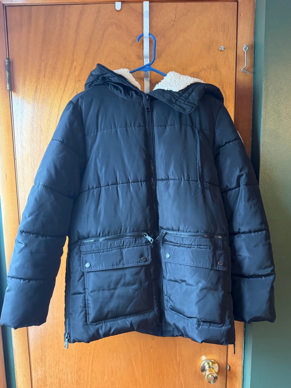 Madden NYC Women’s Black Puffer Coat with Sherpa Lined Hood